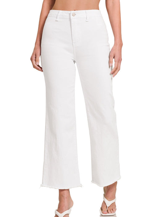 ZENANA WHITE ACID WASHED FRAYED CUTOFF HEM STRAIGHT WIDE PANTS