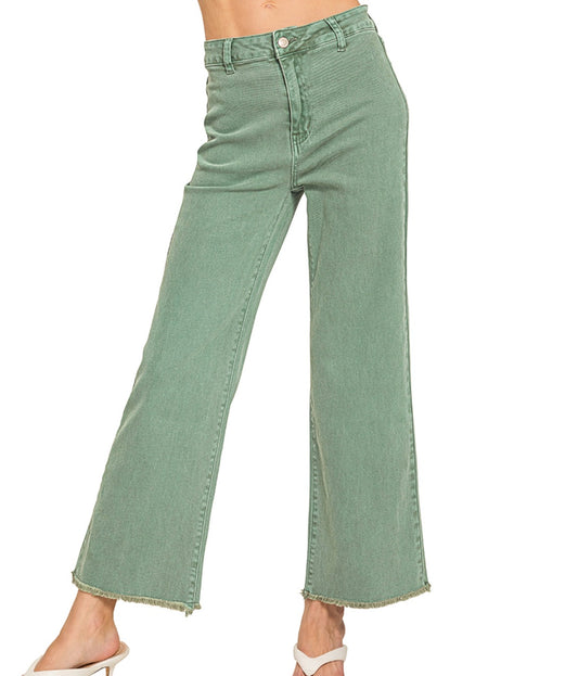 ZENANA OLIVE ACID WASHED FRAYED CUTOFF HEM STRAIGHT WIDE PANTS