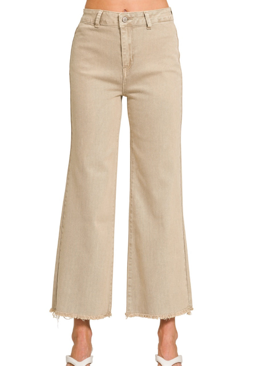 ZENANA KHAKI ACID WASHED FRAYED CUTOFF HEM STRAIGHT WIDE PANTS
