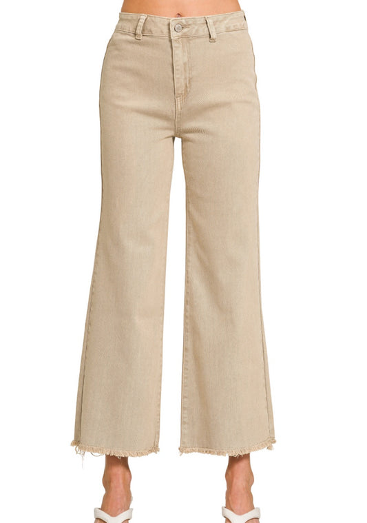 ZENANA KHAKI ACID WASHED FRAYED CUTOFF HEM STRAIGHT WIDE PANTS