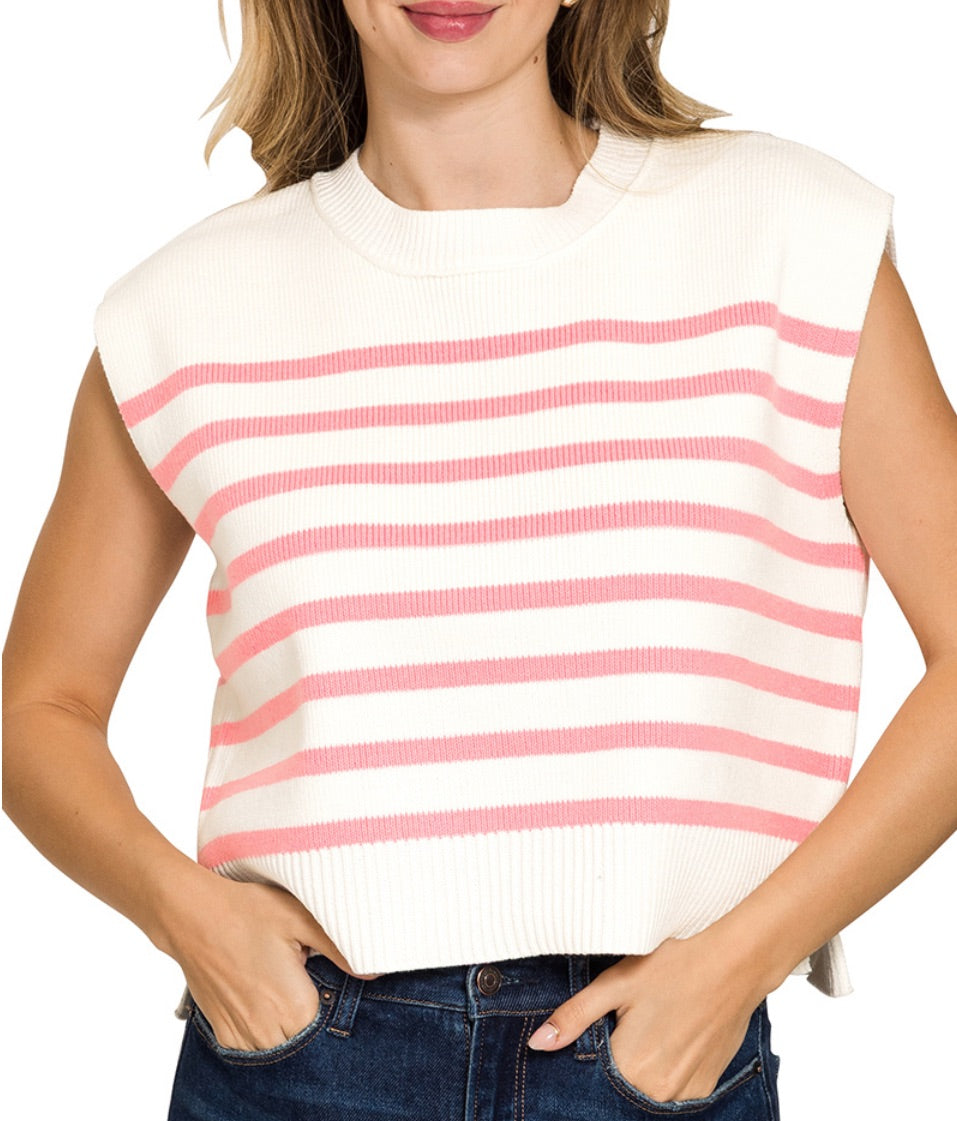 PINK CREW NECK STRIPE SWEATER VEST