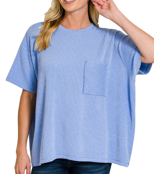 Blue Ribbed Short Sleeve Shirt
