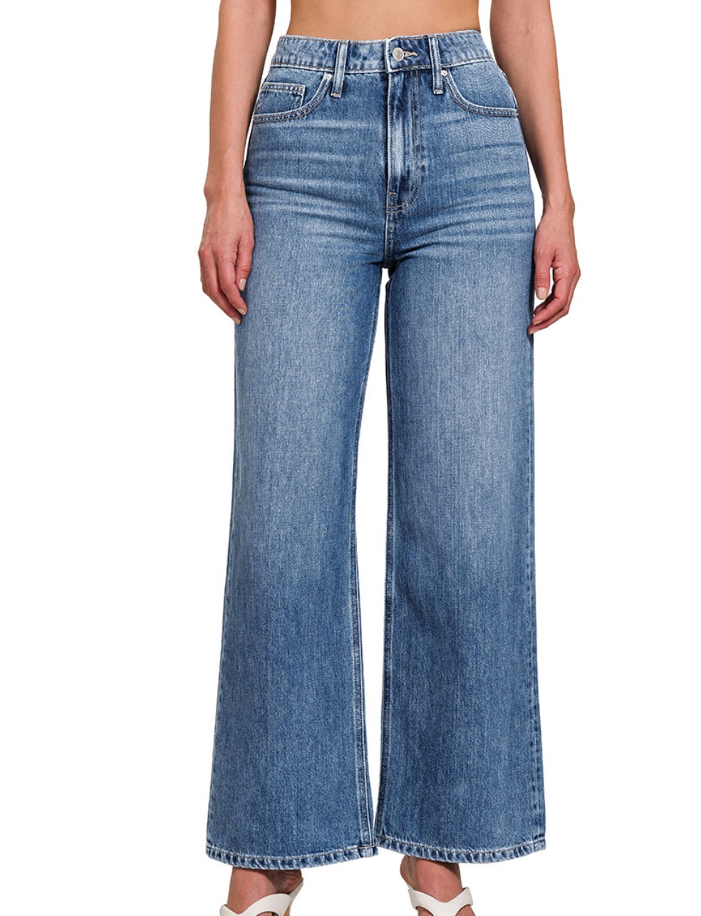 ZENANA HIGH WAIST WIDE LEG STRAIGHT DENIM PANTS